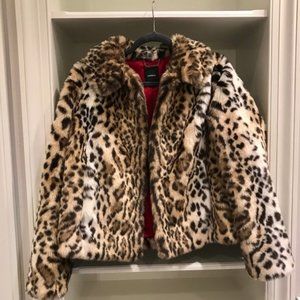 Express Womens Faux Fur Leopard Print Jacket